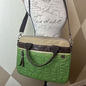 Fossil KeyPer Quilted Laptop Bag Computer Tote Green Brown Messenger Long Strap